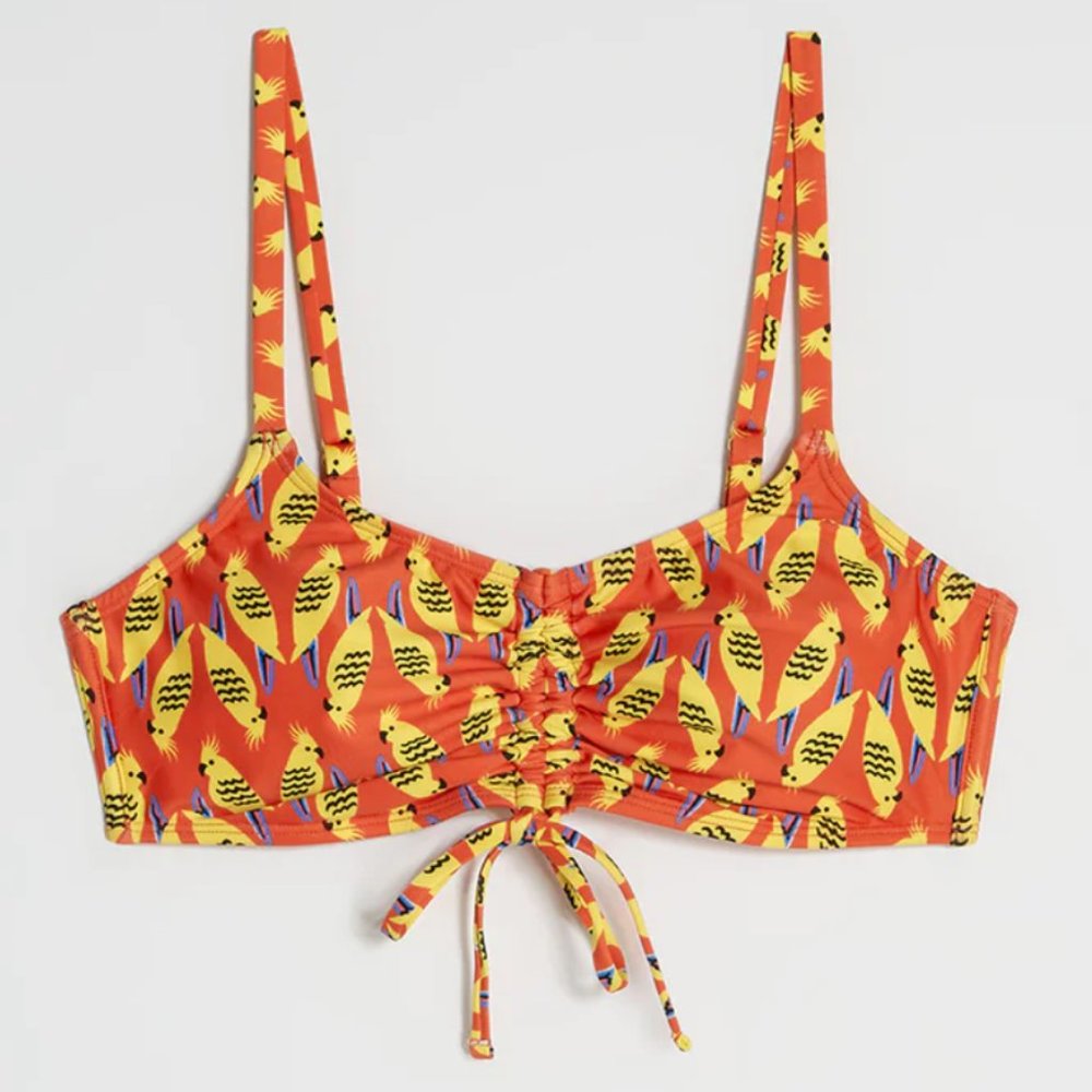 NWT ModCloth The Carmen Bikini Top Orange Yellow M - Retro Birds